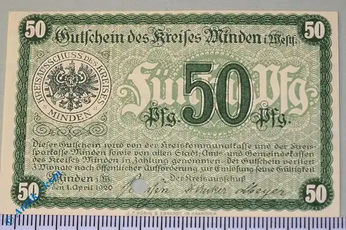 Notgeld Minden , 50 Pfennig Musterschein , Tieste 4575.05.06 , von 1920 , Westfalen Verkehrsausgabe