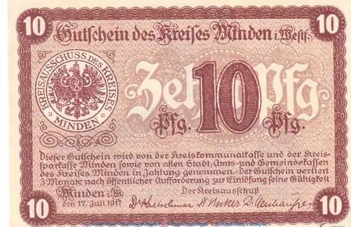 Notgeld Stadt Minden , 10 Pfennig Schein in kfr. Tieste 4575.05.02 von 1917 , Westfalen Verkehrsausgabe