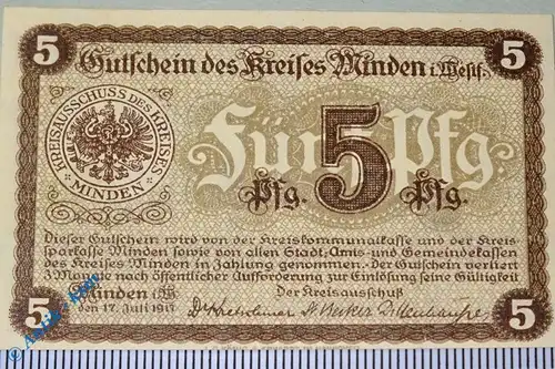 Notgeld Minden , 5 Pfennig Schein , Tieste 4575.05.01 , von 1917 , Westfalen Verkehrsausgabe