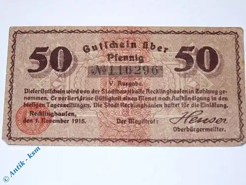 Notgeld Recklinghausen , 50 Pfennig Schein , Tieste 5945.10.22 , von 1918 , Westfalen Verkehrsausgabe