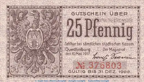 Notgeld Stadt Quedlinburg , 25 Pfennig Schein in kfr. Tieste 5835.25.10 von 1917 , Sachsen Verkehrsausgabe