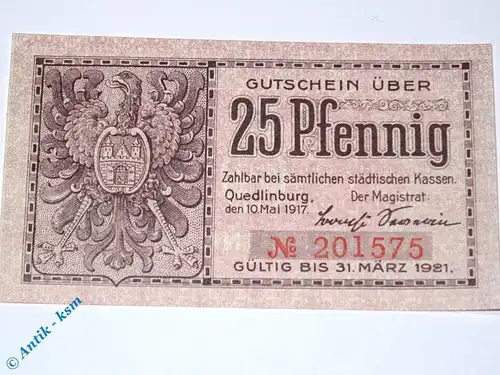 Notgeld Quedlinburg , 25 Pfennig Schein - 1921 , Tieste 5835.25.05 , von 1917 , Sachsen Verkehrsausgabe