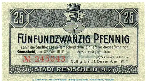 Notgeld Stadt Remscheid 6020.05.10 , 25 Pfennig Schein in kfr. von 1918 , Rheinland Verkehrsausgabe
