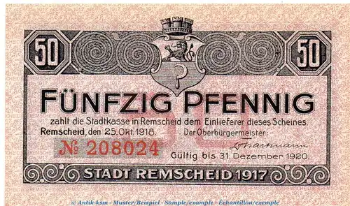 Notgeld Stadt Remscheid 6020.05.11 , 50 Pfennig Schein in kfr. von 1918 , Rheinland Verkehrsausgabe