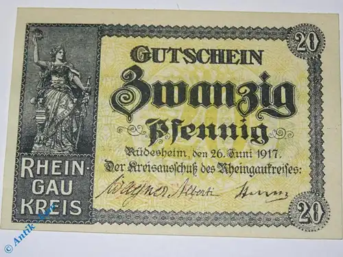 Notgeld Rüdesheim , 20 Pfennig Schein mit WZ , Tieste 6280.05.06 , von 1917 , Hessen Verkehrsausgabe