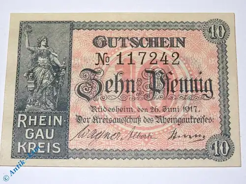 Notgeld Rüdesheim , 10 Pfennig Schein mit WZ , Tieste 6280.05.05 , von 1917 , Hessen Verkehrsausgabe