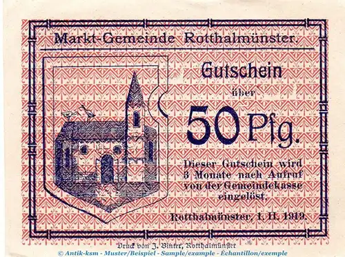 Notgeld Marktgemeinde Rotthalmünster 6260.05.15 , 50 Pfennig Schein in kfr. von 1919 , Bayern Verkehrsausgabe