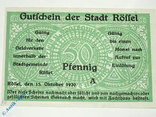 Notgeld Rössel , 50 Pfennig Schein A , Tieste 6115.10.25 , von 1920 , Ostpreussen Verkehrsausgabe