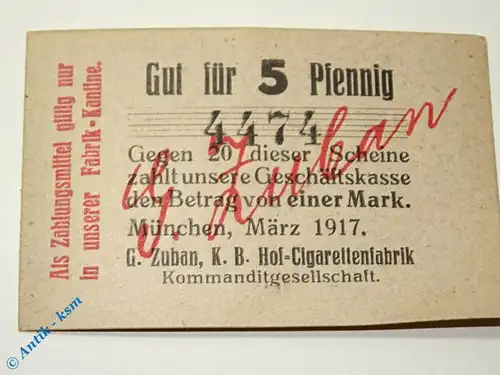 Notgeld München , Zuban Cigarettenfabrik , 5 Pfennig Schein , Tieste 4680.2065.05 , Bayern Verkehrsausgabe