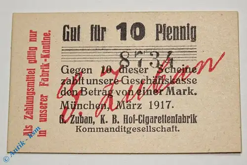 Notgeld München , Zuban Cigarettenfabrik , 10 Pfennig Schein , Tieste 4680.2065.06 , Bayern Verkehrsausgabe