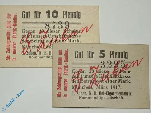 Notgeld München , Zuban Cigarettenfabrik , Set mit 2 Scheinen , Tieste 4680.2065.05 und 06 , Bayern Verkehrsausgabe