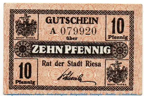 Notgeld Stadt Riesa 6055.15.05 , 10 Pfennig Schein in kfr. o.D. - 1918 , Sachsen Verkehrsausgabe