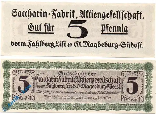 Notgeld Magdeburg , Saccarin Fabrik , 5 Pfennig Schein , Tieste 4340.05.10 , Sachsen Verkehrsausgabe