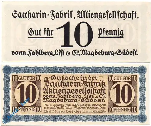 Notgeld Magdeburg , Saccarin Fabrik , 10 Pfennig Schein , Tieste 4340.05.11 , Sachsen Verkehrsausgabe