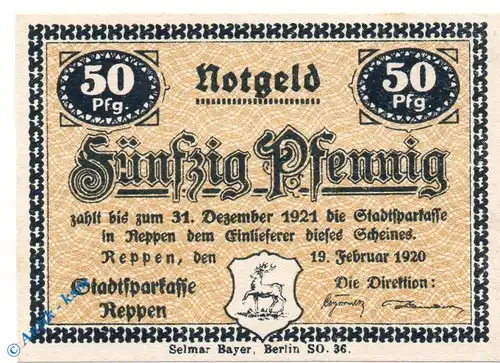 Notgeld Reppen , 50 Pfennig Schein in kfr. Tieste 6030.05.01 , von 1920 , Brandenburg Verkehrsausgabe