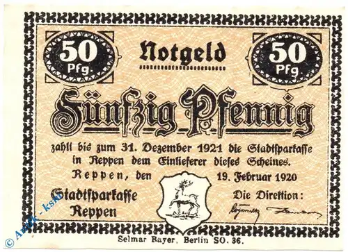 Notgeld Reppen , 50 Pfennig Schein , helle Kreuze , Tieste 6030.05.05 , von 1920 , Brandenburg Verkehrsausgabe