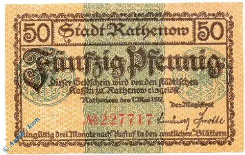 Notgeld Rathenow , 50 Pfennig Schein grau , Tieste 5915.10.12 , von 1917 , Brandenburg Verkehrsausgabe
