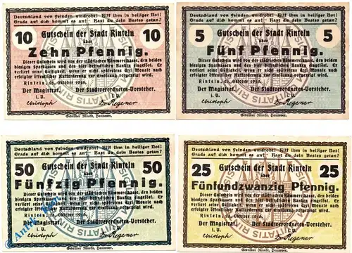 Notgeld Rinteln , Set mit 4 Scheinen , Tieste 6075.05.15 bis 18 , von 1918 , Hessen Verkehrsausgabe