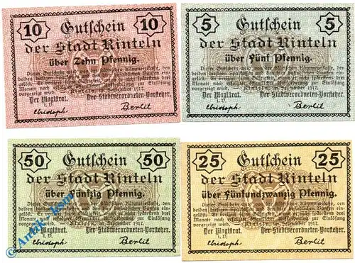 Notgeld Rinteln , Set mit 4 Scheinen , Tieste 6075.05.05 bis 08 , von 1917 , Hessen Verkehrsausgabe