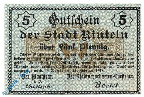 Notgeld Rinteln , 5 Pfennig Schein , Tieste 6075.05.10 , von 1918 , Hessen Verkehrsausgabe