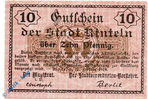 Notgeld Rinteln , 10 Pfennig Schein , Tieste 6075.05.11 , von 1918 , Hessen Verkehrsausgabe