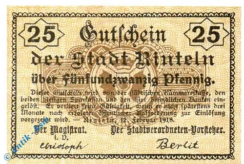 Notgeld Rinteln , 25 Pfennig Schein , Tieste 6075.05.12 , von 1918 , Hessen Verkehrsausgabe