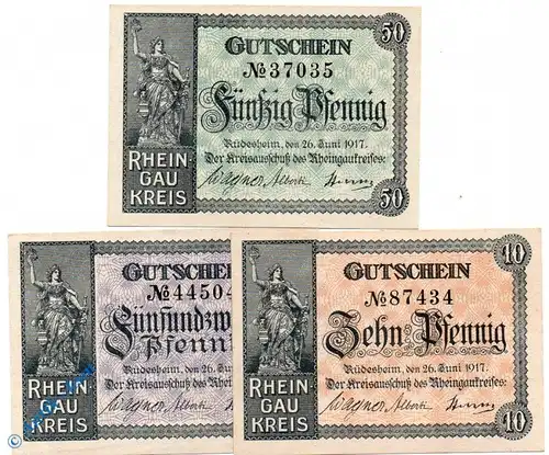 Notgeld Rüdesheim , Set mit 3 Scheinen , Tieste 6280.05.01 bis 03 , von 1917 , Hessen Verkehrsausgabe