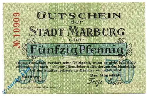 Notgeld Marburg , 50 Pfennig Schein , Tieste 4365.05.01 , von 1917 , Hessen Verkehrsausgabe