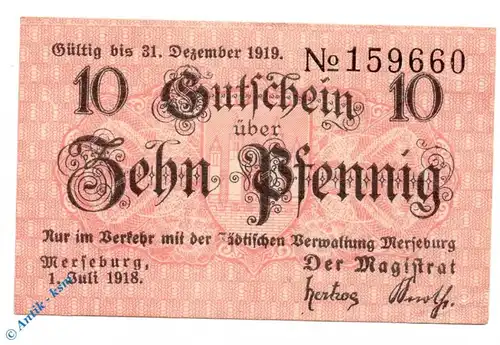 Notgeld Merseburg , 10 Pfennig Schein  , Tieste 4505.15.06 , von 1918 , Sachsen Verkehrsausgabe