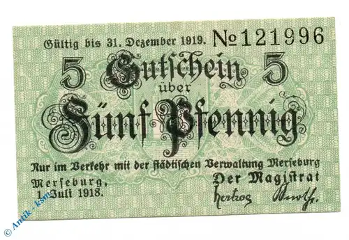 Notgeld Merseburg , 5 Pfennig Schein  , Tieste 4505.15.05 , von 1918 , Sachsen Verkehrsausgabe