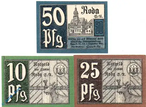 Notgeld Roda , Set mit 3 Scheinen , Tieste 6085.05.20 - 32 , von 1920 , Sachsen Verkehrsausgabe