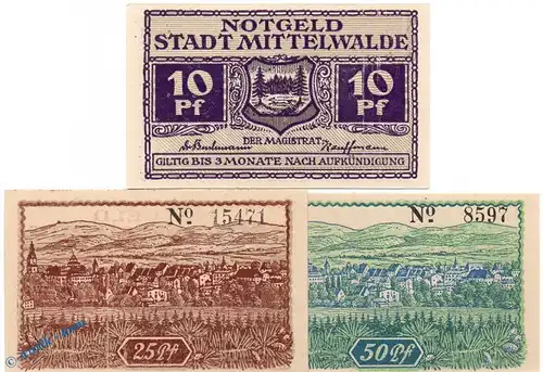 Notgeld Mittelwalde , Set mit 3 Scheinen in kfr. Tieste 4585.095.01-03 , von 1920 , Schlesien Verkehrsausgabe
