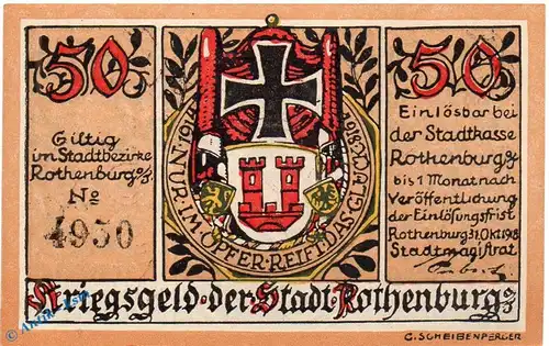 Notgeld Rothenburg , 50 Pfennig Schein gelbbraun in kfr. Tieste 6250.05.10 , von 1918 , Bayern Verkehrsausgabe