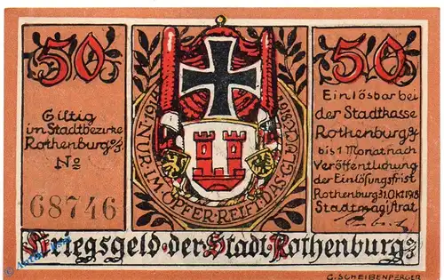 Notgeld Rothenburg , 50 Pfennig Schein rötlichbraun in kfr. Tieste 6250.05.15 , von 1918 , Bayern Verkehrsausgabe