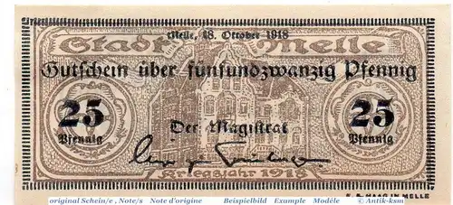 Notgeld Melle , 25 Pfennig Schein in kfr. Tieste 4475.05.21 , von 1918 , Hannover Verkehrsausgabe