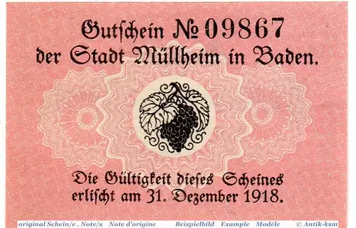 Notgeld Mühlheim , 25 Pfennig Schein in kfr. Tieste 4670.05.01 , o.D. Baden Verkehrsausgabe