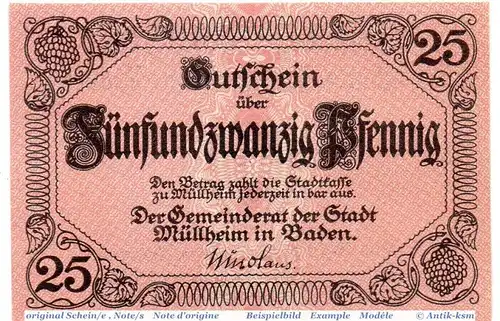 Notgeld Mühlheim , 25 Pfennig Schein in kfr. Tieste 4670.05.01 , o.D. Baden Verkehrsausgabe