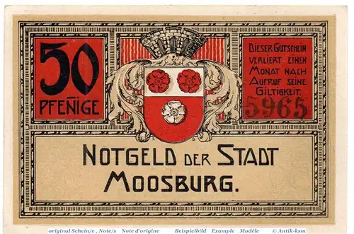 Notgeld Moosburg , 50 Pfennig Schein Fraktur in kfr. Tieste 4635.05.01 , o.D. Bayern Verkehrsausgabe