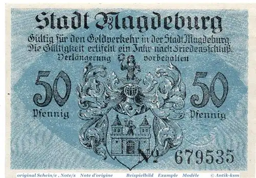 Notgeld Magdeburg , 50 Pfennig Schein in kfr. Tieste 4330.40.05 , von 1918 , Provinz Sachsen Verkehrsausgabe