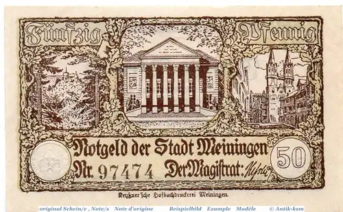 Notgeld Meiningen , 50 Pfennig Schein in kfr. Tieste 4465.10.05 , o.D. Sachsen Meiningen Verkehrsausgabe