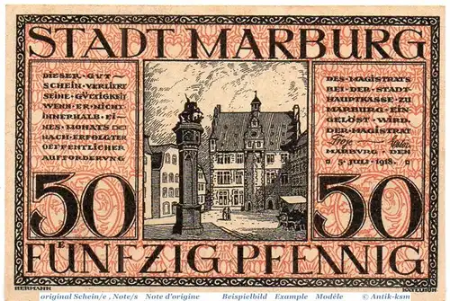 Notgeld Marburg , 50 Pfennig Schein in kfr. Tieste 4365.05.05 , von 1918 , Hessen Verkehrsausgabe