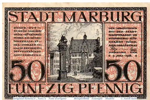 Notgeld Marburg , 50 Pfennig Schein Reihe III in kfr. Tieste 4365.05.10 , von 1918 , Hessen Verkehrsausgabe