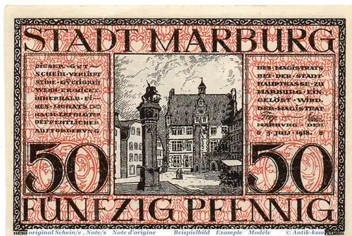 Notgeld Marburg , 50 Pfennig Schein Reihe IV in kfr. Tieste 4365.05.15 , von 1918 , Hessen Verkehrsausgabe