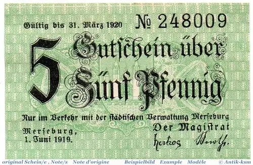 Notgeld Merseburg , 5 Pfennig Schein in kfr. Tieste 4505.15.10 , von 1919 , Provinz Sachsen Verkehrsausgabe
