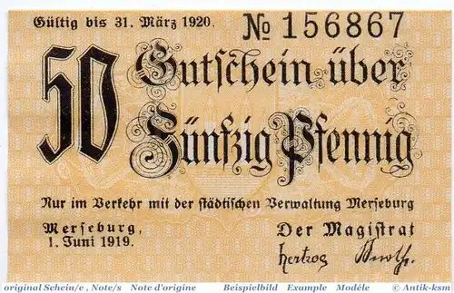 Notgeld Merseburg , 50 Pfennig Schein in kfr. Tieste 4505.15.12 , von 1919 , Provinz Sachsen Verkehrsausgabe