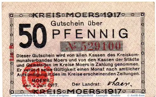 Notgeld Moers , 50 Pfennig Schein in kfr. Tieste 4610.05.10 , von 1917 , Rheinland Verkehrsausgabe