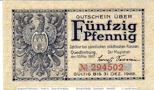 Notgeld Quedlinburg , 50 Pfennig Schein in kfr. Tieste 5835.25.11 , von 1917 , Sachsen Anhalt Verkehrsausgabe