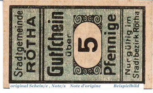 Rötha , Notgeld 5 Pfennig MUSTER-Schein in unc. Tieste 6120.05.05.M , Sachsen o.D. Verkehrsausgabe