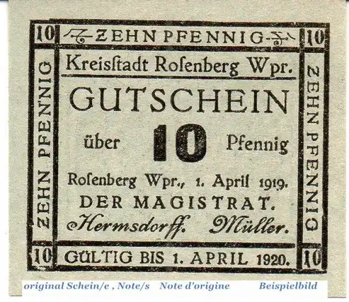 Notgeld Rosenberg , 10 Pfennig Schein in kfr. Tieste 6180.05.10 , von 1919 , Oberschlesien Verkehrsausgabe