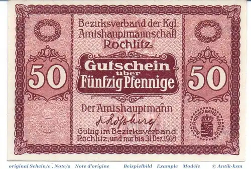 Notgeld Rochlitz , 50 Pfennig Schein in kfr. Tieste 6080.05.02 , o.D. Sachsen Verkehrsausgabe
